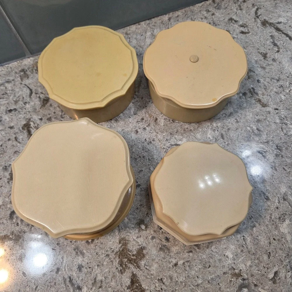 Vintage Fairfax Celluloid Vanity Boxes Cream Scalloped Art Deco Dresser Jars 4pc